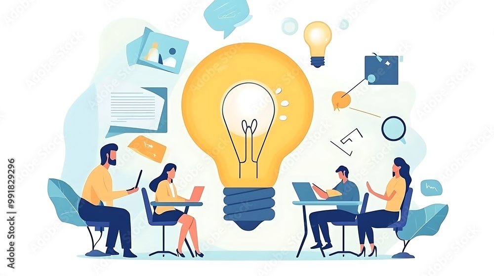 Team working together around a large light bulb, symbolizing a new idea or innovation. Team working together around a large light bulb, symbolizing a new idea or innovation.