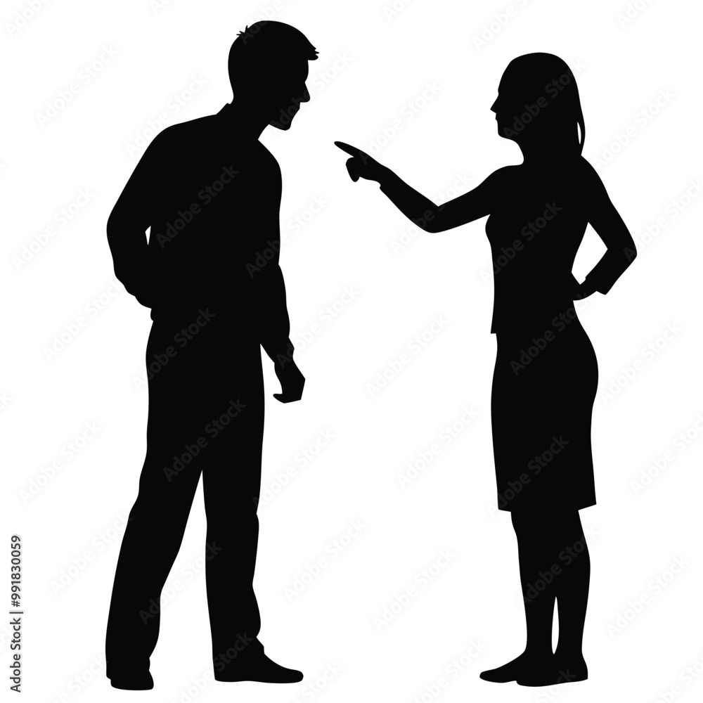 a black silhouette of a man and a woman standing side by side. The man is on the left side of the image and is pointing his finger towards the woman on the right side. vector silhouette, a black silhouette of a man and a woman standing side by side. The man is on the left side of the image and is pointing his finger towards the woman on the right side. vector silhouette,