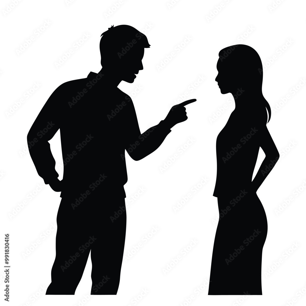 a black silhouette of a man and a woman standing side by side. The man is on the left side of the image and is pointing his finger towards the woman on the right side. vector silhouette, a black silhouette of a man and a woman standing side by side. The man is on the left side of the image and is pointing his finger towards the woman on the right side. vector silhouette,