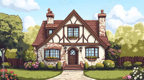 Wallpaper Mural Tudor style family house, exterior of house with gable roof. Tudor Architecture. Illustration Torontodigital.ca