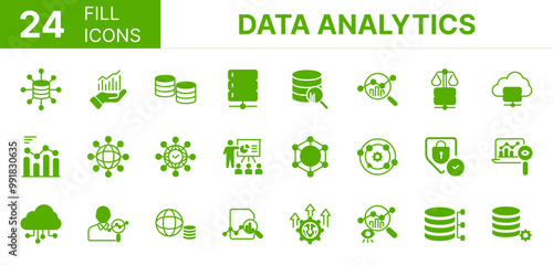 Collection of 24 Data Analytics fill icons featuring editable strokes. These outline icons depict various modes of Data Analytics, business, technology, illustration, concept, set, 