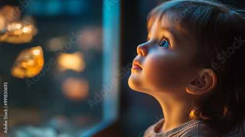 A young child with blue eyes gazes in wonder at the fish swimming in an aquarium.