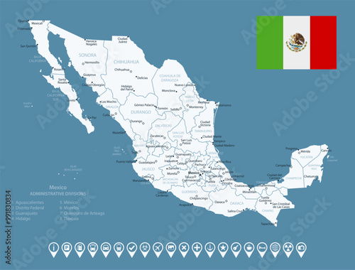 Mexico - detailed country map with cities and regions. Infographic icons. Vector illustration.