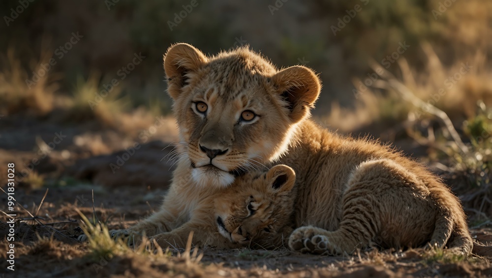 Two lion cubs cuddling, showing brotherhood. Two lion cubs cuddling, showing brotherhood.