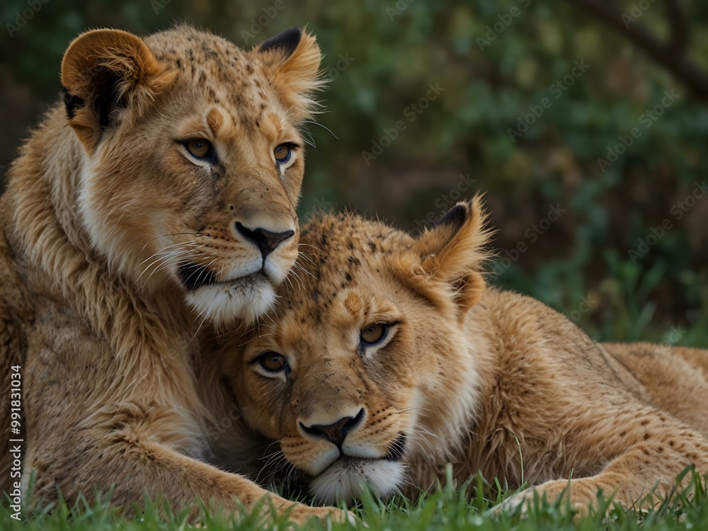 Two lion cubs cuddling, symbolizing friendship. Two lion cubs cuddling, symbolizing friendship.