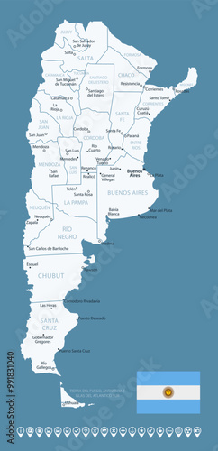 Argentina - detailed country map with cities and regions. Infographic icons. Vector illustration.