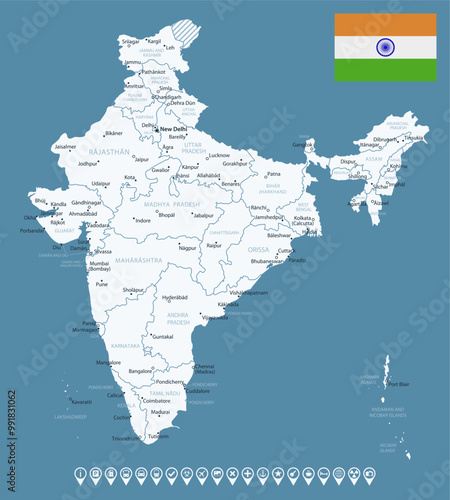 India - detailed country map with cities and regions. Infographic icons. Vector illustration.