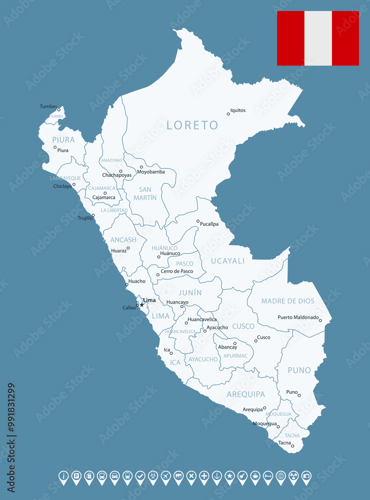 Fototapeta premium Peru - detailed country map with cities and regions. Infographic icons. Vector illustration.