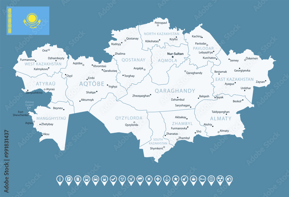 Kazakhstan - detailed country map with cities and regions. Infographic icons. Vector illustration. Kazakhstan - detailed country map with cities and regions. Infographic icons. Vector illustration.
