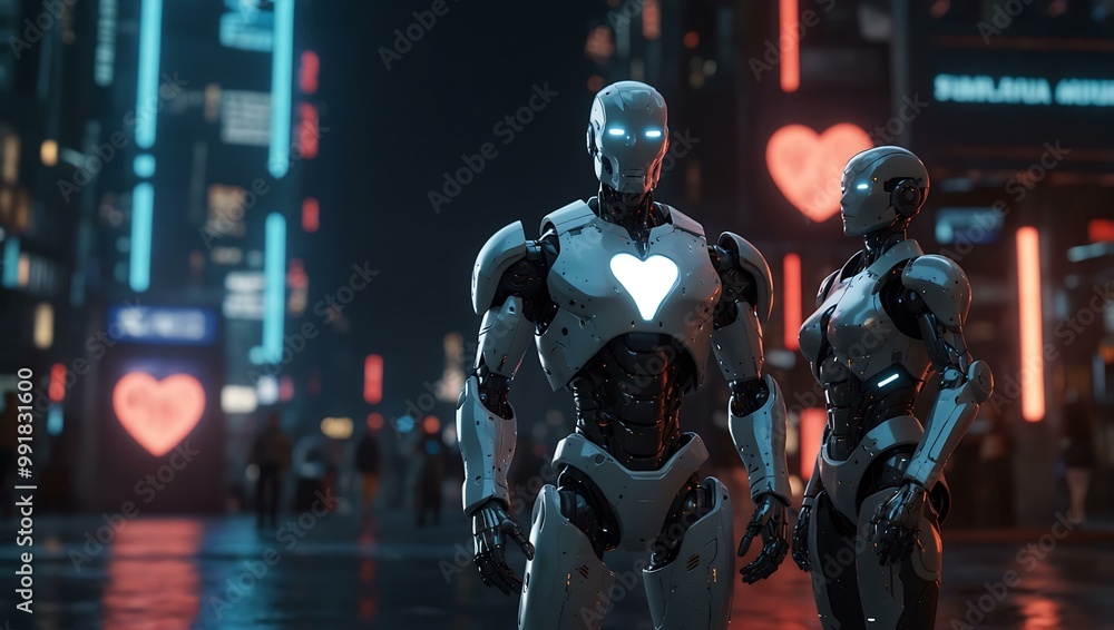Two robots standing before a glowing heart in a futuristic city. Two robots standing before a glowing heart in a futuristic city.
