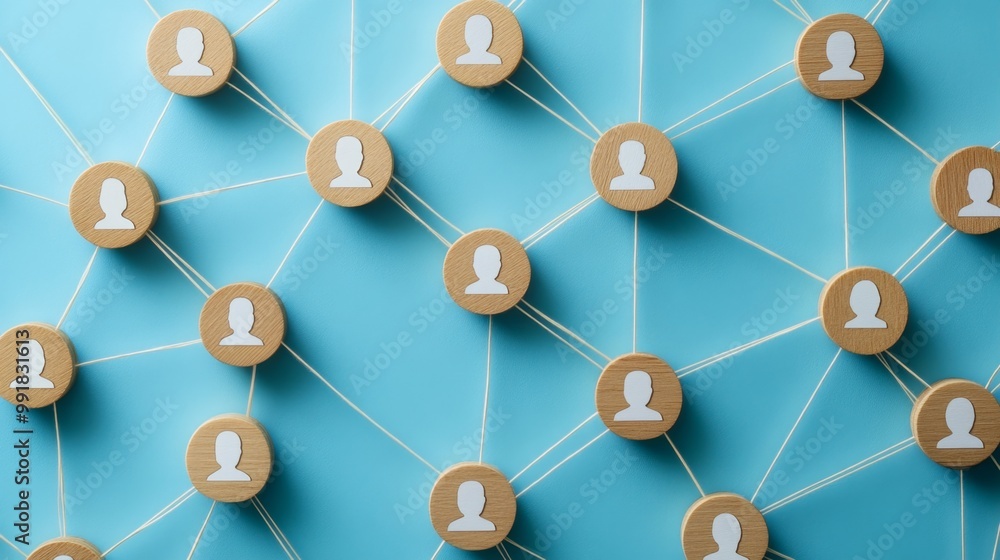 Network of interconnected individuals on a blue background with wooden figure representations Network of interconnected individuals on a blue background with wooden figure representations