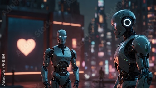 Two robots standing before a glowing heart in a futuristic city.