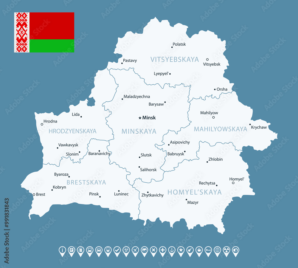 Fototapeta premium Belarus - detailed country map with cities and regions. Infographic icons. Vector illustration.