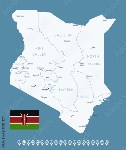 Kenya - detailed country map with cities and regions. Infographic icons. Vector illustration.