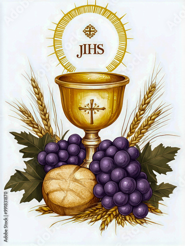 Eucharistic chalice with host, grapes, and wheat photo