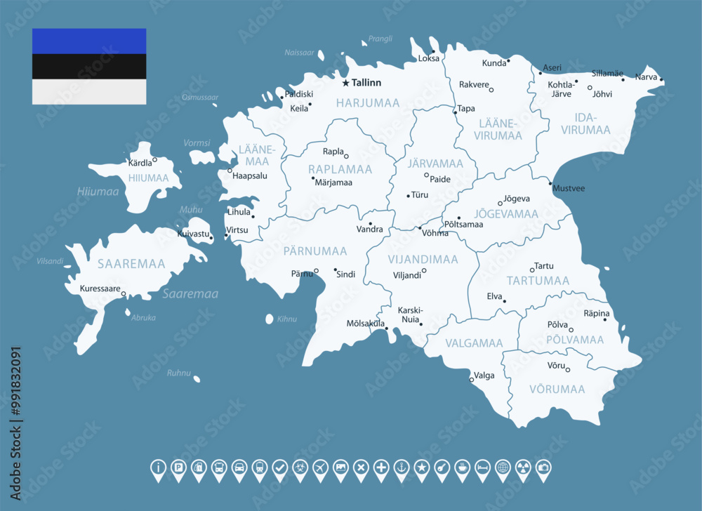 Fototapeta premium Estonia - detailed country map with cities and regions. Infographic icons. Vector illustration.