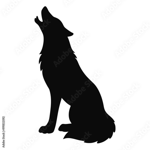 a howling wolf. The wolf is sitting on its hind legs with its front paws resting on the ground. vector silhouette, 