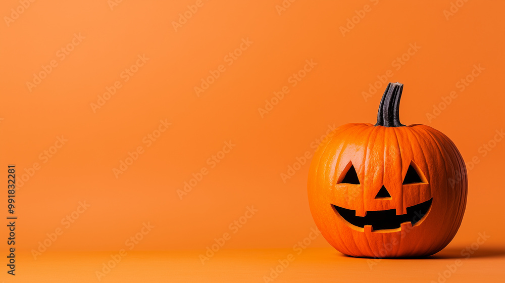Spooky halloween pumpkin with a smile and glowing eyes on an orange background with copy space, perfect for festive designs or advertisments Spooky halloween pumpkin with a smile and glowing eyes on an orange background with copy space, perfect for festive designs or advertisments