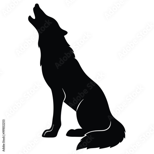 a howling wolf. The wolf is sitting on its hind legs with its front paws resting on the ground. vector silhouette, 