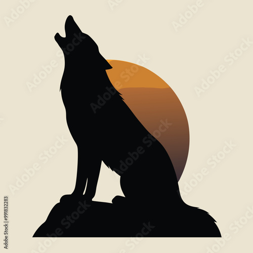a howling wolf. The wolf is sitting on its hind legs with its front paws resting on the ground. vector silhouette, 