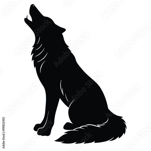 a howling wolf. The wolf is sitting on its hind legs with its front paws resting on the ground. vector silhouette, 