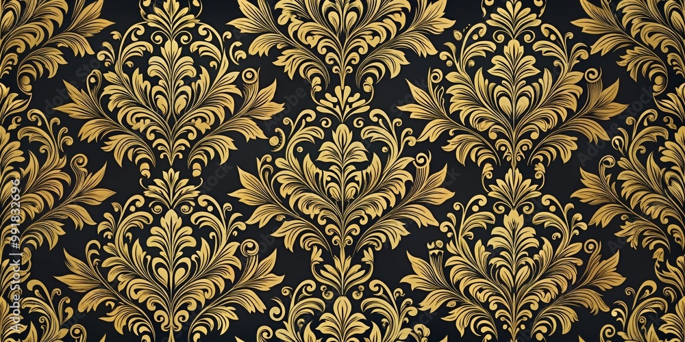 Golden Floral Damask Pattern on Black Background, Seamless, Wallpaper, Luxury, Elegant, Decorative, Gold Golden Floral Damask Pattern on Black Background, Seamless, Wallpaper, Luxury, Elegant, Decorative, Gold