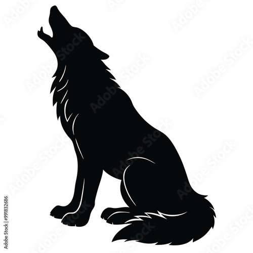 a howling wolf. The wolf is sitting on its hind legs with its front paws resting on the ground. vector silhouette, 