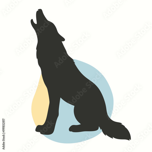 a howling wolf. The wolf is sitting on its hind legs with its front paws resting on the ground. vector silhouette, 