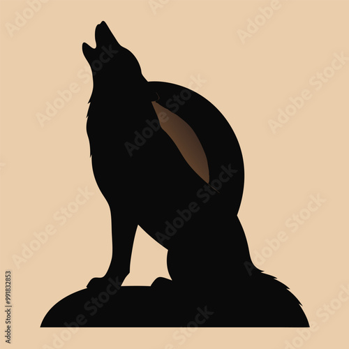 a howling wolf. The wolf is sitting on its hind legs with its front paws resting on the ground. vector silhouette, 