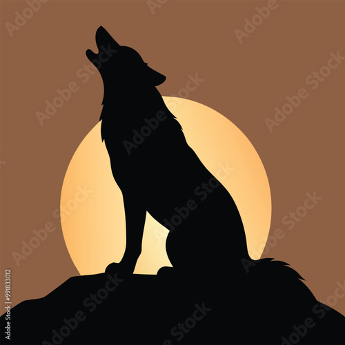 a howling wolf. The wolf is sitting on its hind legs with its front paws resting on the ground. vector silhouette, 