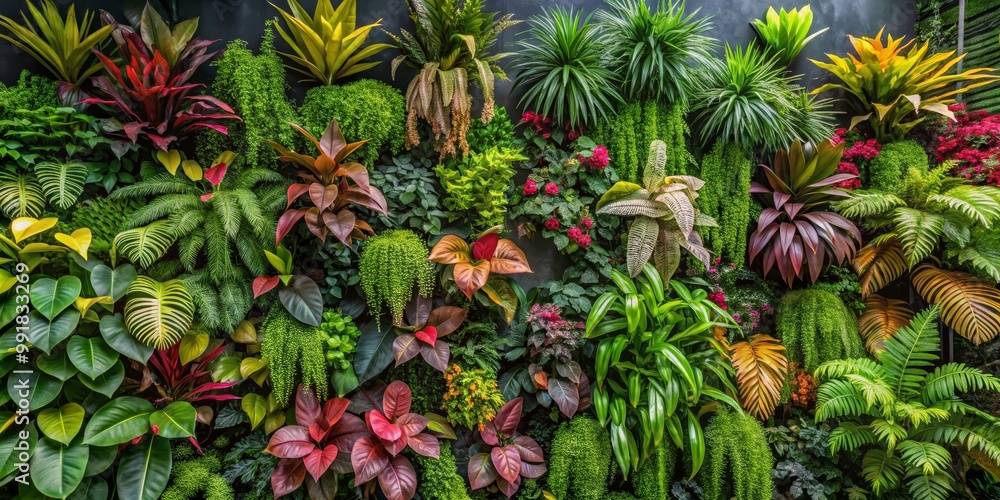 Fototapeta premium Vertical Garden Wall of Lush Greenery and Vibrant Blooms, nature , wall , garden