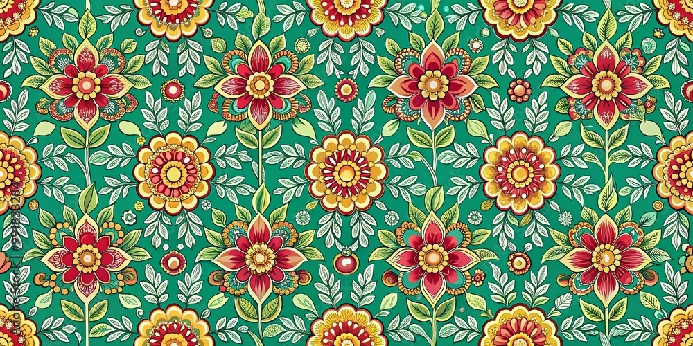 Vibrant Floral Pattern with Red and Yellow Flowers on Green Background, seamless, wallpaper, textile, illustration, floral pattern, vector graphic Vibrant Floral Pattern with Red and Yellow Flowers on Green Background, seamless, wallpaper, textile, illustration, floral pattern, vector graphic