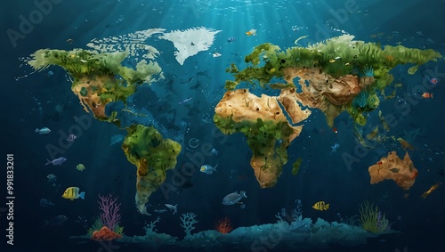 Underwater world map illustration. photo