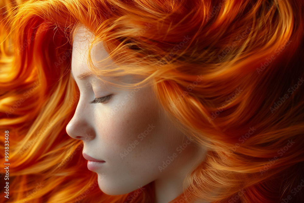 A young woman with striking orange hair is seen in profile, her hair cascading softly around her face while she appears calm and serene, illuminated by gentle light A young woman with striking orange hair is seen in profile, her hair cascading softly around her face while she appears calm and serene, illuminated by gentle light