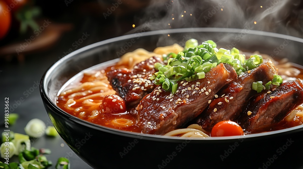 A steaming bowl of ramen noodles with meat, vegetables, and broth. A steaming bowl of ramen noodles with meat, vegetables, and broth.