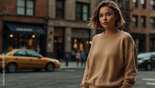 Urban scene featuring a tan oversized sweater mockup.