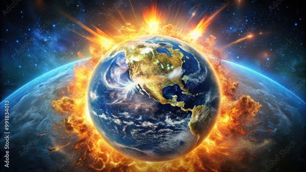 Planet Earth exploding from an atomic bomb in a symmetrical pattern, atomic bomb, destruction, apocalypse, disaster, sci-fi, explosion, devastation, environmental, end of the world Planet Earth exploding from an atomic bomb in a symmetrical pattern, atomic bomb, destruction, apocalypse, disaster, sci-fi, explosion, devastation, environmental, end of the world