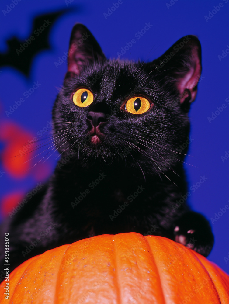 Black cat with piercing yellow eyes perched on an orange pumpkin against a eerie blue halloween background Black cat with piercing yellow eyes perched on an orange pumpkin against a eerie blue halloween background