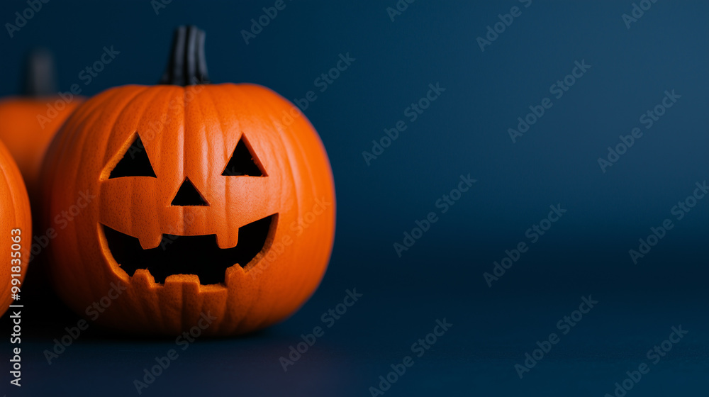 Eerie and festive halloween pumpkin glowing on a dark blue backdrop with copy space, great for seasonal projects Eerie and festive halloween pumpkin glowing on a dark blue backdrop with copy space, great for seasonal projects