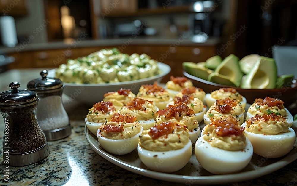 Delicious deviled eggs with bacon and avocado potato salad on a granite countertop Delicious deviled eggs with bacon and avocado potato salad on a granite countertop