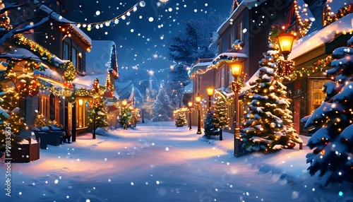 Enchanting winter street illuminated with festive lights and adorned Christmas trees under a gentle snowfall, creating a magical holiday ambiance