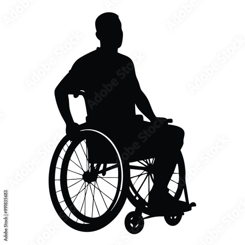 a person in a wheelchair. The person is sitting in the wheelchair with their back to the camera, silhouette vector illustration, 