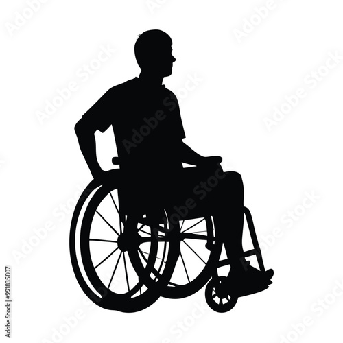 a person in a wheelchair. The person is sitting in the wheelchair with their back to the camera, silhouette vector illustration, 