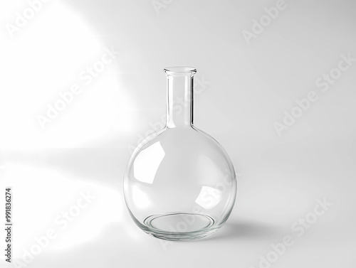 Round Laboratory Flask on a White Background, Clear Scientific Glassware