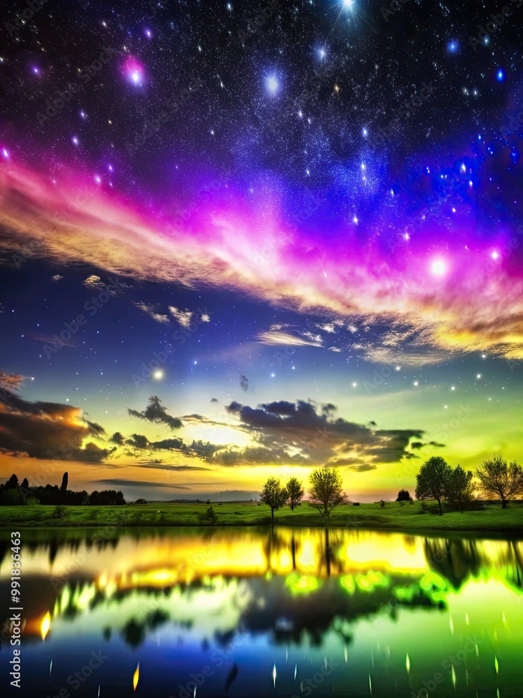 Fototapeta premium Starry night sky reflecting over a peaceful lake landscape.