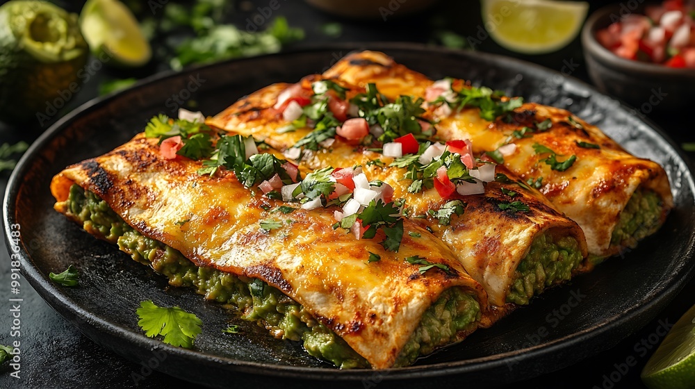 Close-up of three golden brown enchiladas with melted cheese, guacamole, diced tomatoes, and cilantro.