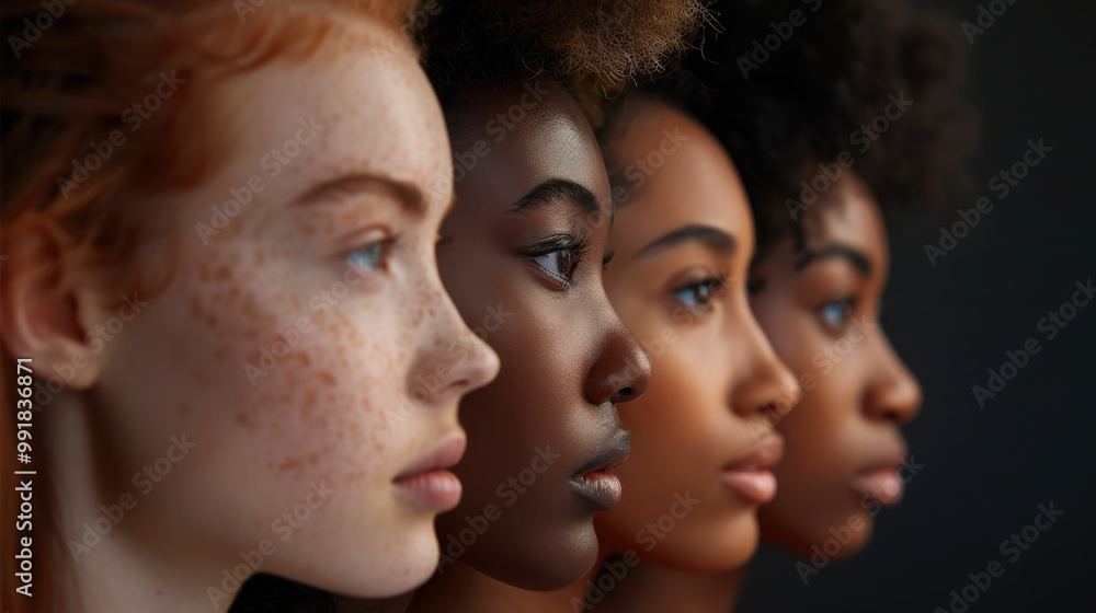 A line of women with varying skin tones and hairstyles stands together, highlighting diversity and beauty in a studio environment. A line of women with varying skin tones and hairstyles stands together, highlighting diversity and beauty in a studio environment.