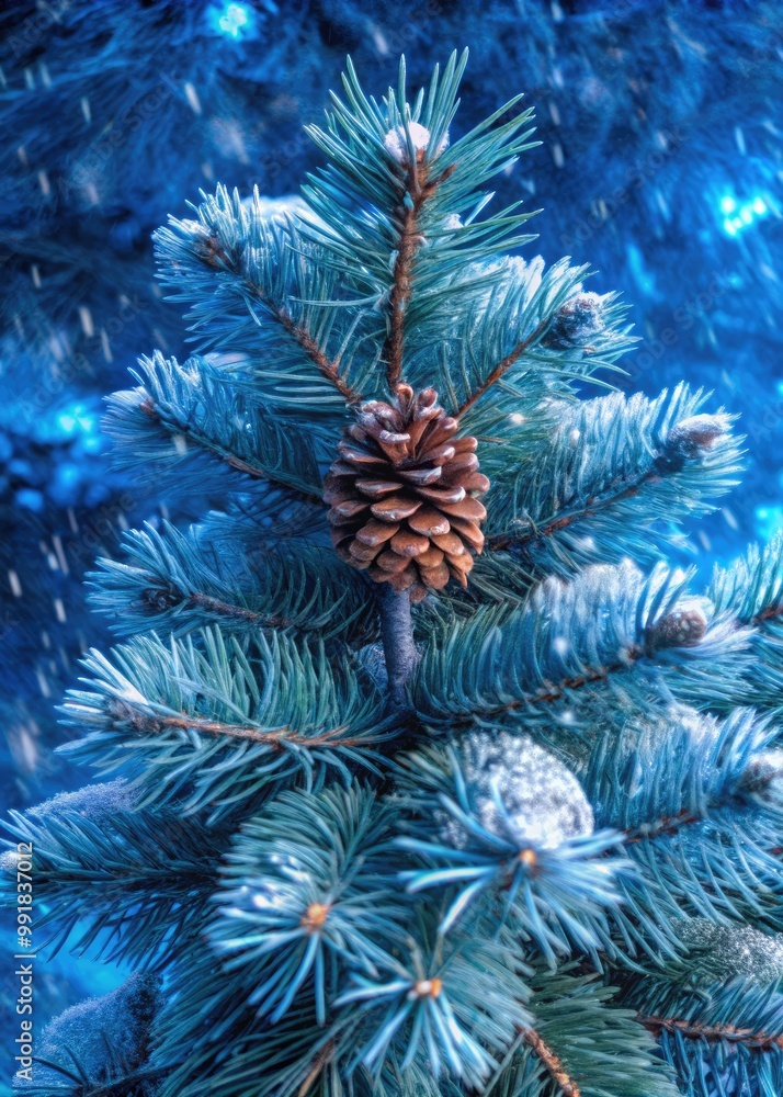 Frosted pinecone nestled in vibrant blue evergreen branches. Frosted pinecone nestled in vibrant blue evergreen branches.
