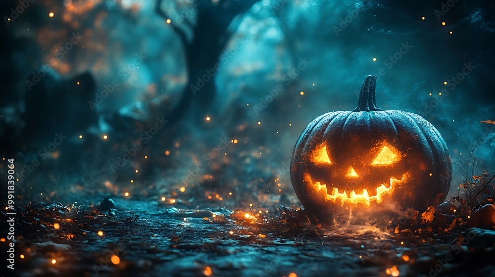 Fototapeta premium A glowing jack-o'-lantern with a menacing grin sits in a misty, dark forest.