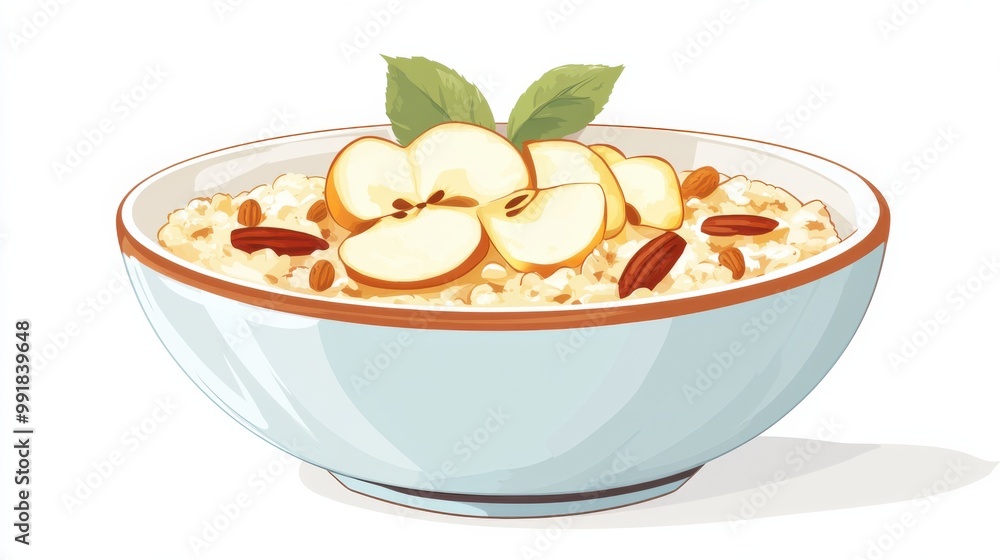 A bowl of apple cinnamon oatmeal with nuts, flat color illustration A bowl of apple cinnamon oatmeal with nuts, flat color illustration